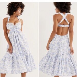 NWT For Love & Lemons White and Blue Maisie Floral Cutout Midi Dress Size Large